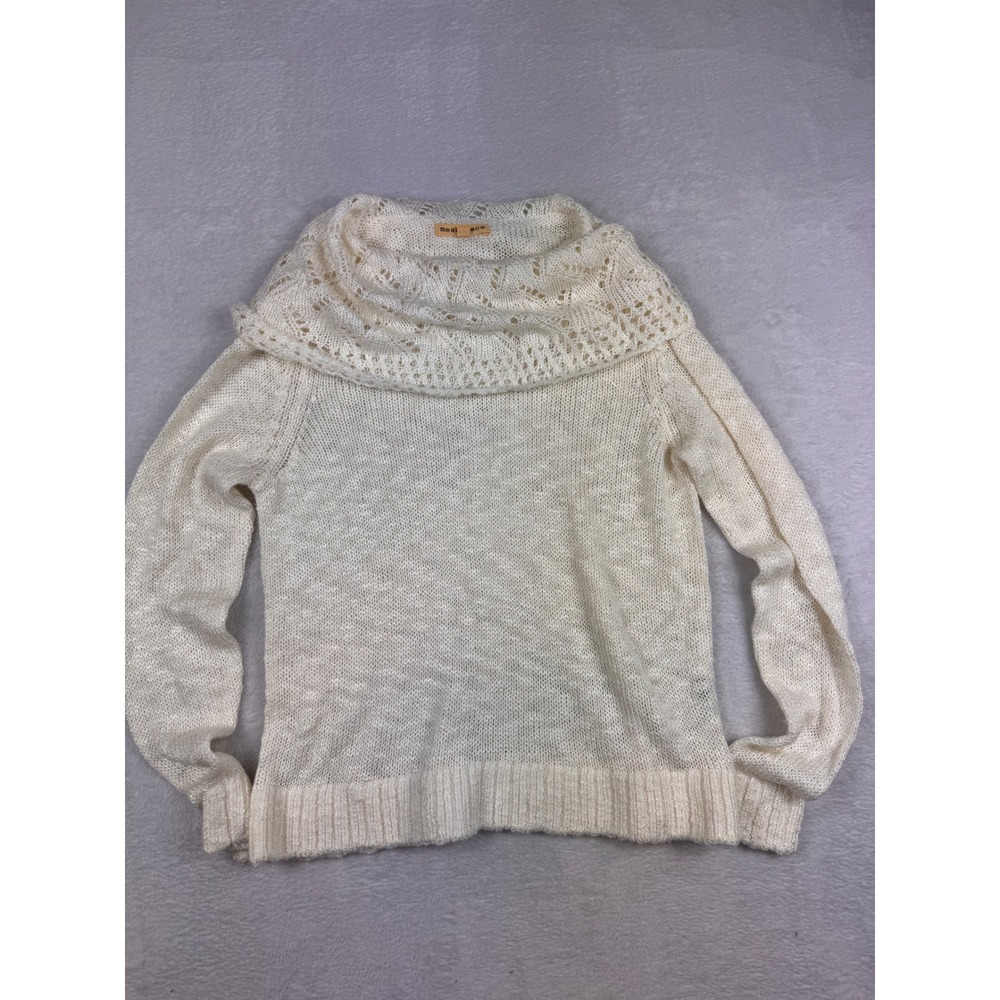 Mesh+Lace Cream Cowl Neck Crochet Knit Sweater Long Sleeve Pullover Large